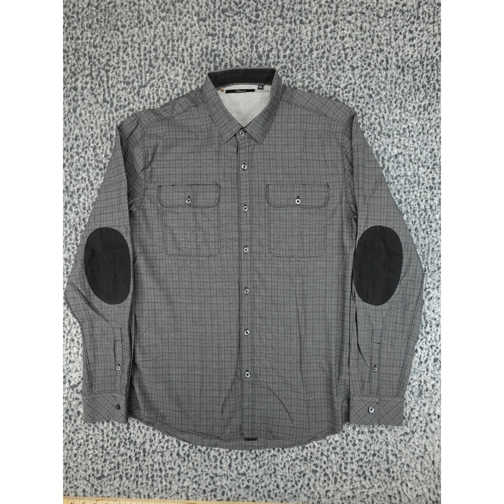 7 Diamonds Button Down Mens XL Grey Micro Check Elbow Patch Long Sleeve Shirt